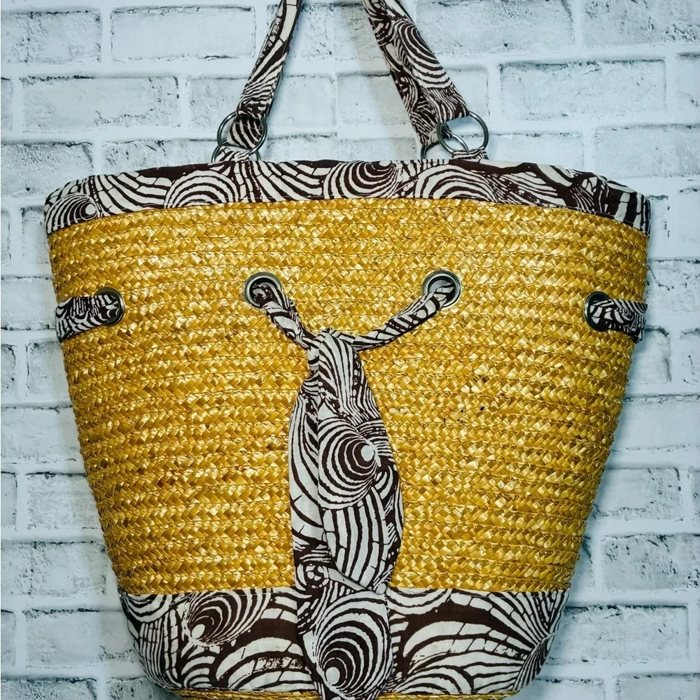 Stylish Yellow Straw with Brown and White Ribbon Accents Tote/Beach Bag